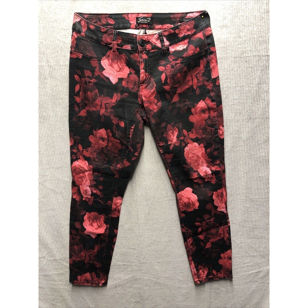 Seven7 Skinny Jeans Size 10 Black Red Flowers Holiday Festive Feminine Goth